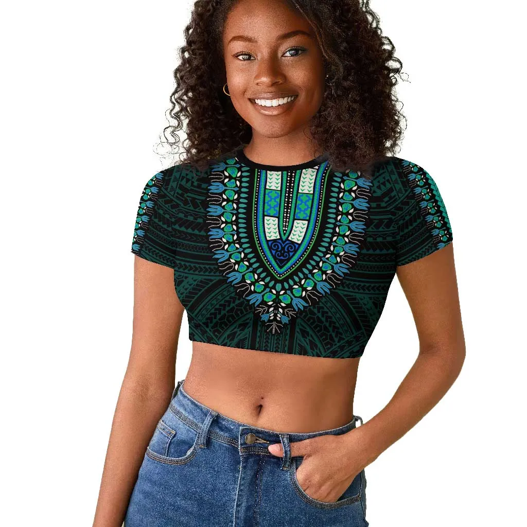 African Dashiki and Polynesian Pattern Raglan Cropped T shirt Teal LT9