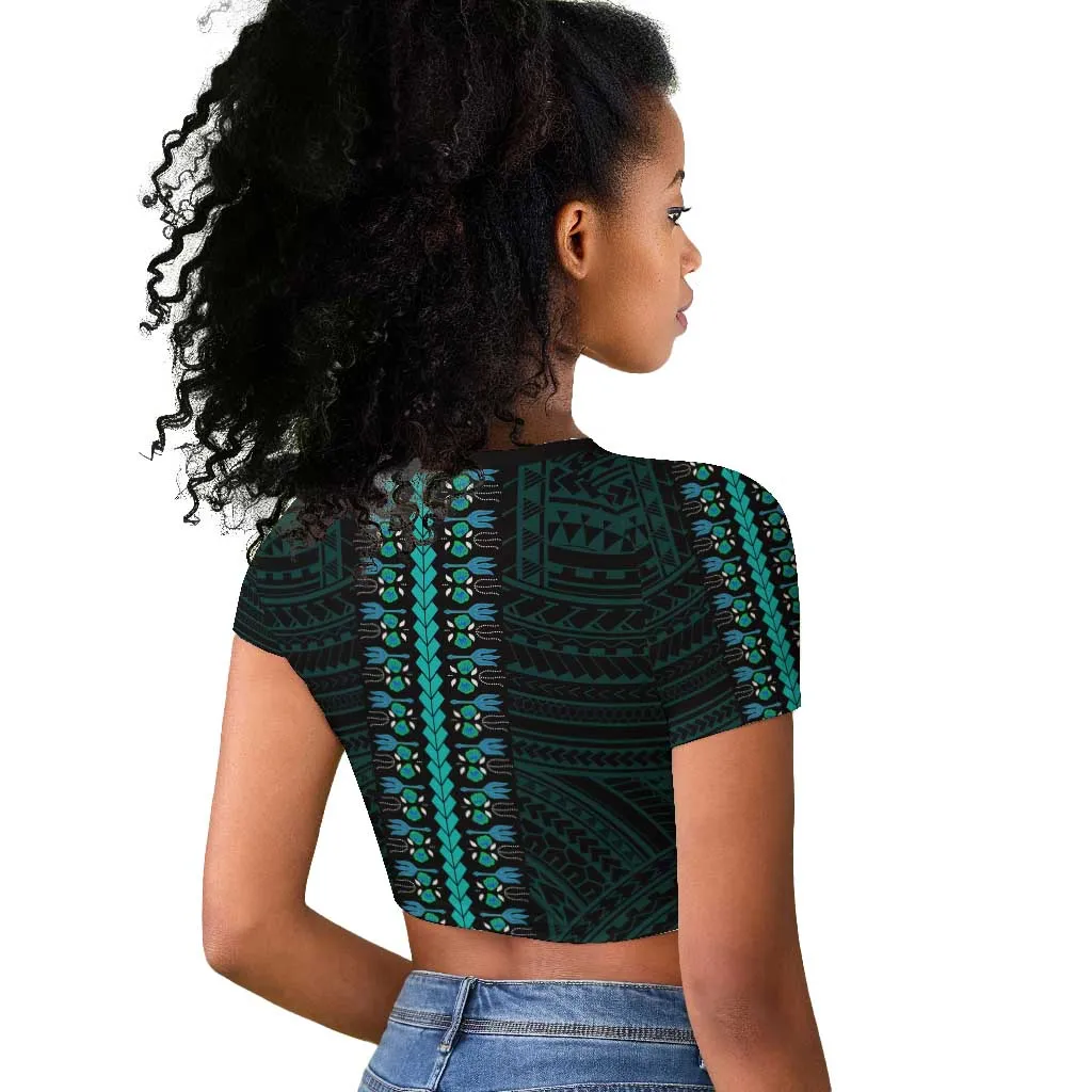 African Dashiki and Polynesian Pattern Raglan Cropped T shirt Teal LT9