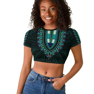 African Dashiki and Polynesian Pattern Raglan Cropped T shirt Teal LT9