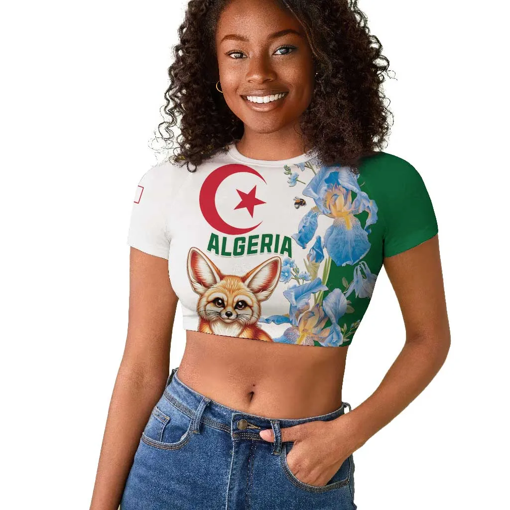 Afro Algeria Raglan Cropped T shirt Fennec Fox With Blue Isris Flower LT15