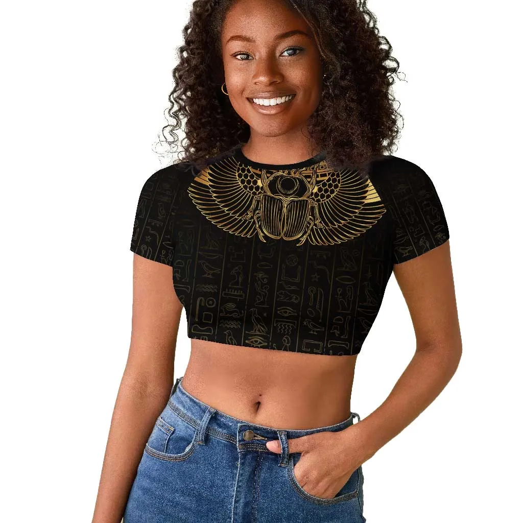 Ancient Egypt Raglan Cropped T shirt Black Gold Scarab LT7