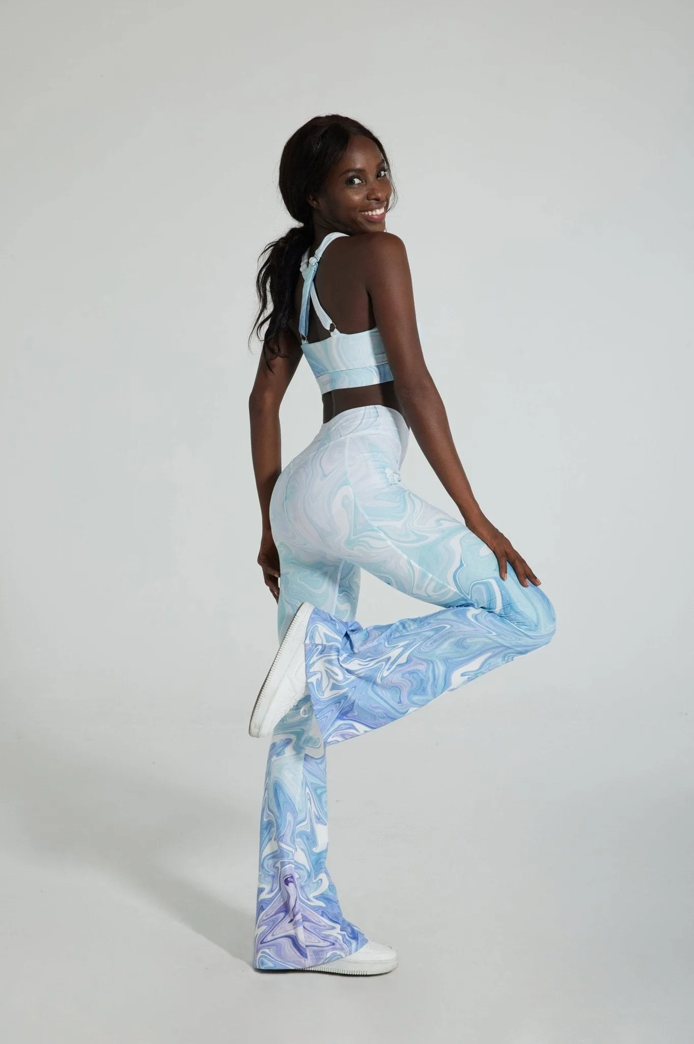 AquaAura Women's Flare Yoga Pants – High-Waisted Ice Blue Marble Print Bell Bottom Leggings for Dance & Everyday Wear
