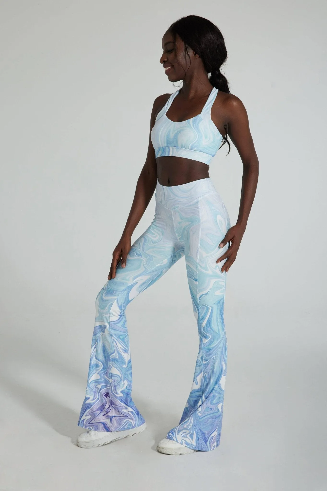 AquaAura Women's Flare Yoga Pants – High-Waisted Ice Blue Marble Print Bell Bottom Leggings for Dance & Everyday Wear