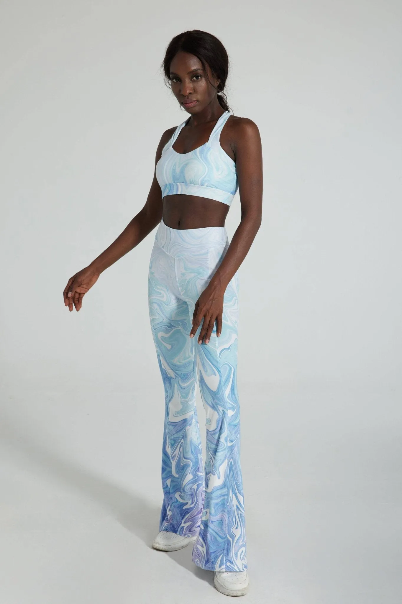 AquaAura Women's Flare Yoga Pants – High-Waisted Ice Blue Marble Print Bell Bottom Leggings for Dance & Everyday Wear