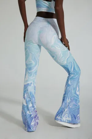 AquaAura Women's Flare Yoga Pants – High-Waisted Ice Blue Marble Print Bell Bottom Leggings for Dance & Everyday Wear