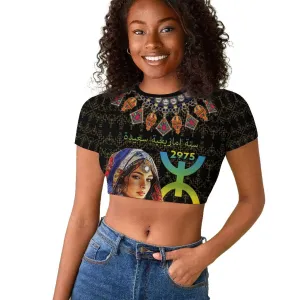 Assegwas Ameggaz Yennayer Raglan Cropped T shirt Women Amazigh - Berber Pattern LT15