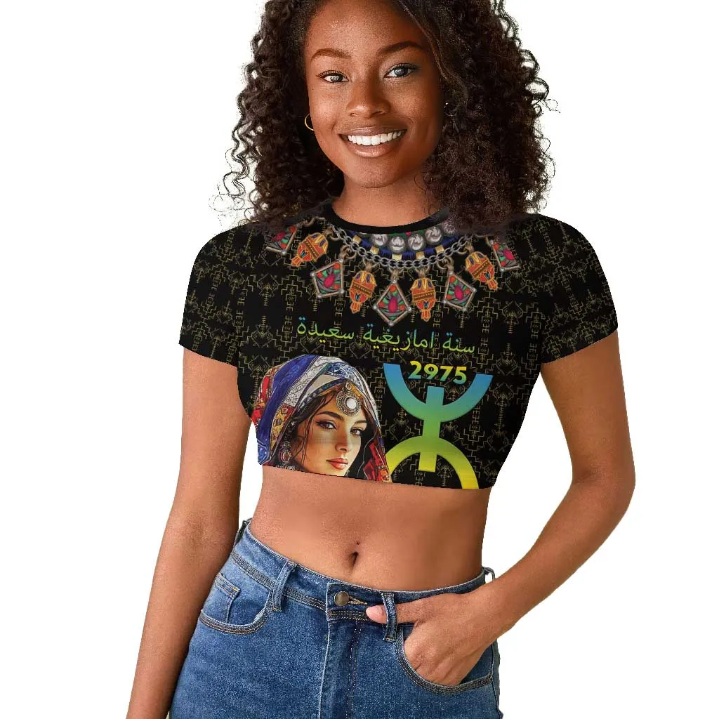 Assegwas Ameggaz Yennayer Raglan Cropped T shirt Women Amazigh - Berber Pattern LT15