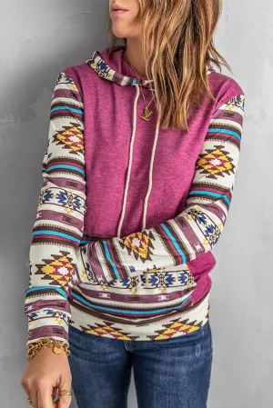 Aztec Print Patchwork Hoodie with Kangaroo Pocket