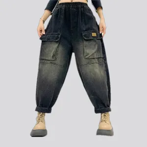 Baggy fit cargo pocket denim joggers for women