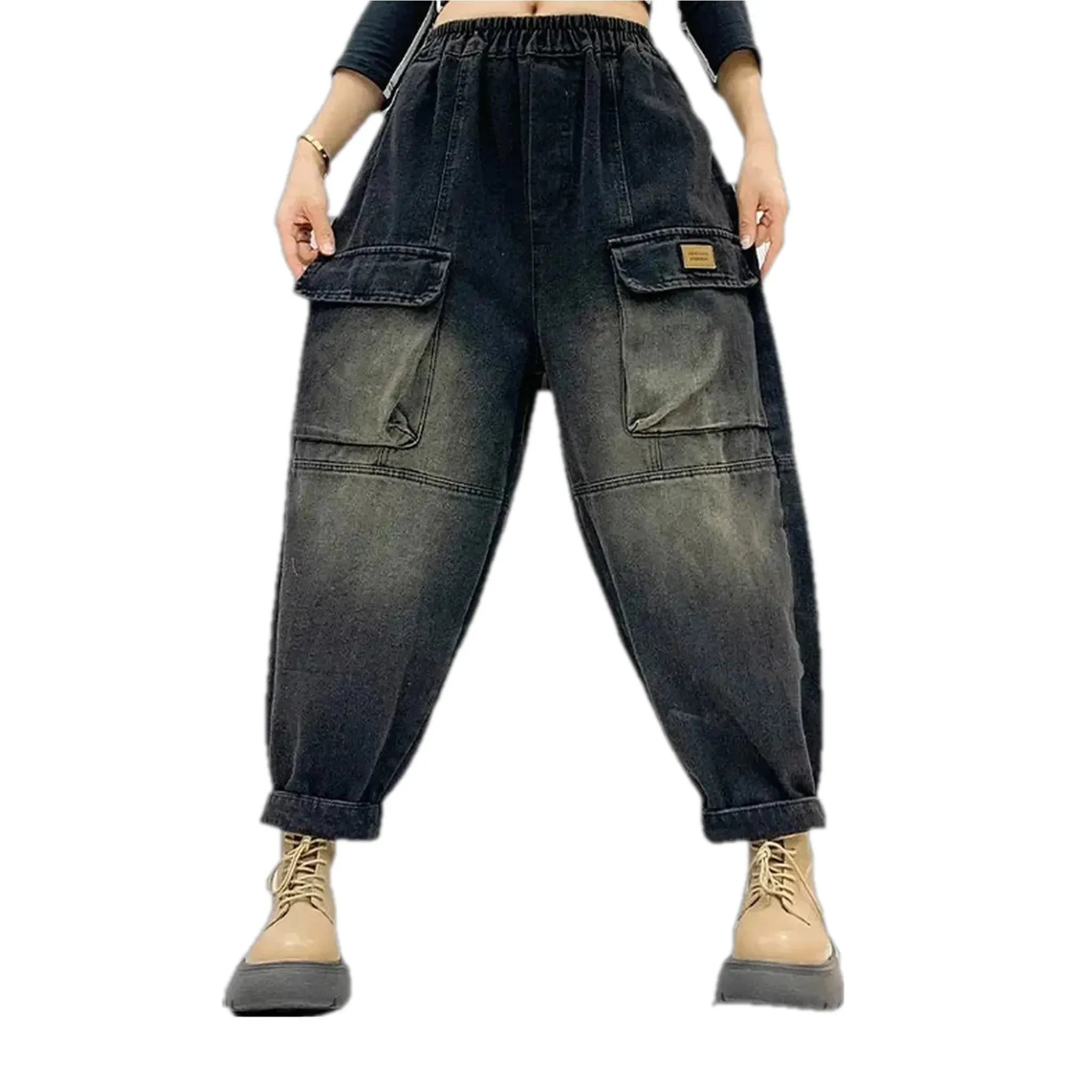 Baggy fit cargo pocket denim joggers for women