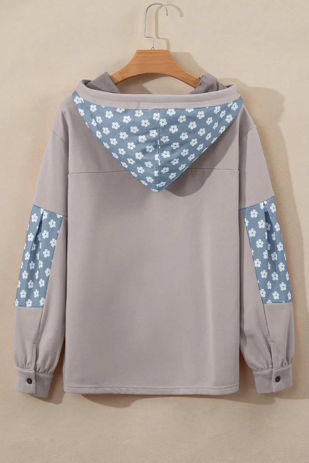 Beau Blue Floral Patchwork Star Pattern Drawstring Hoodie