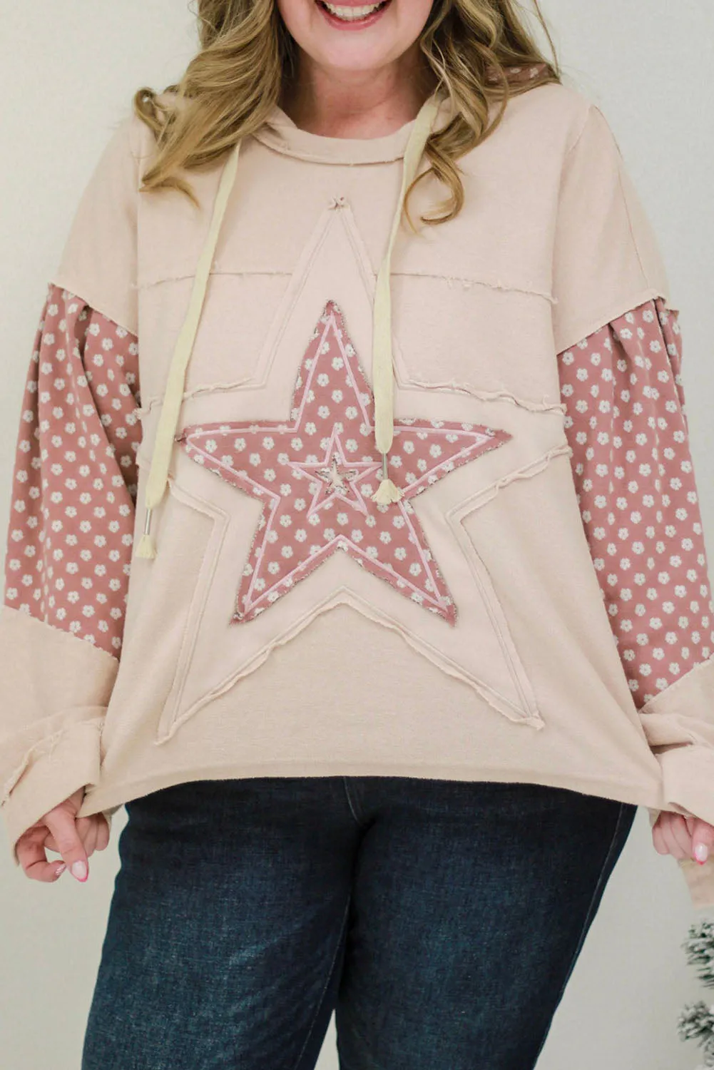 Beau Blue Floral Patchwork Star Pattern Drawstring Hoodie