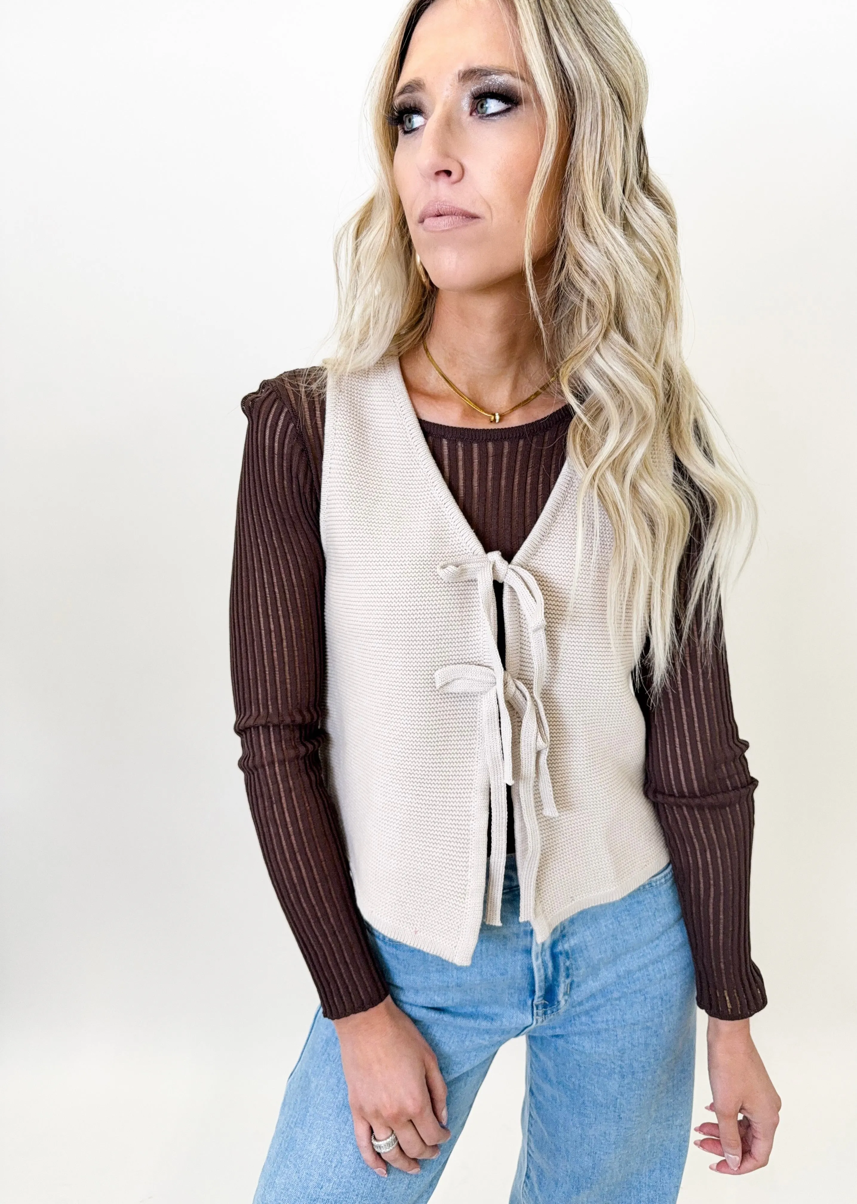Beige Front Tie Sweater Vest