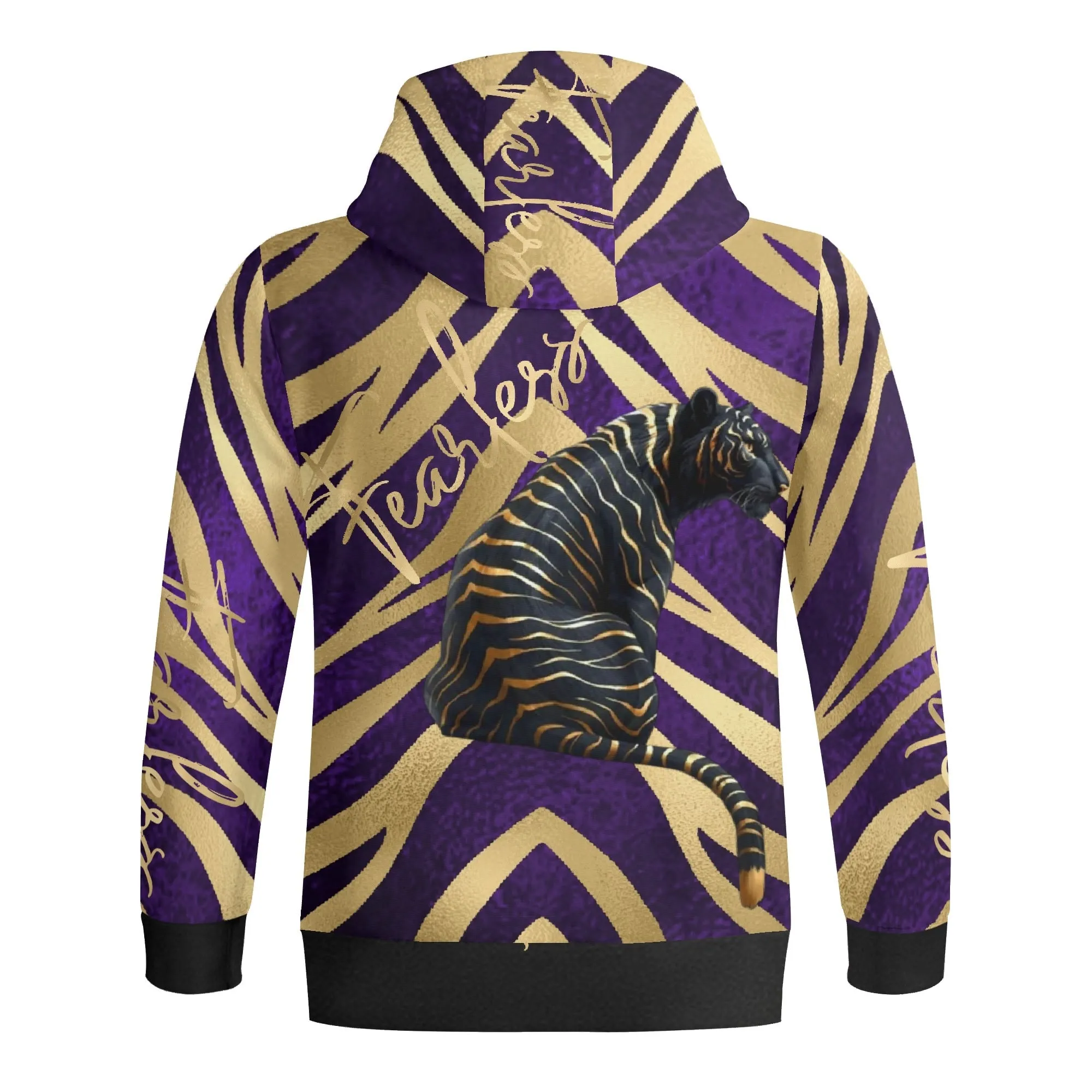 Black and Gold Tiger Graphic Gemstone Colored Fearless Graphic Full Zip Turtleneck Hoodie Streetwear