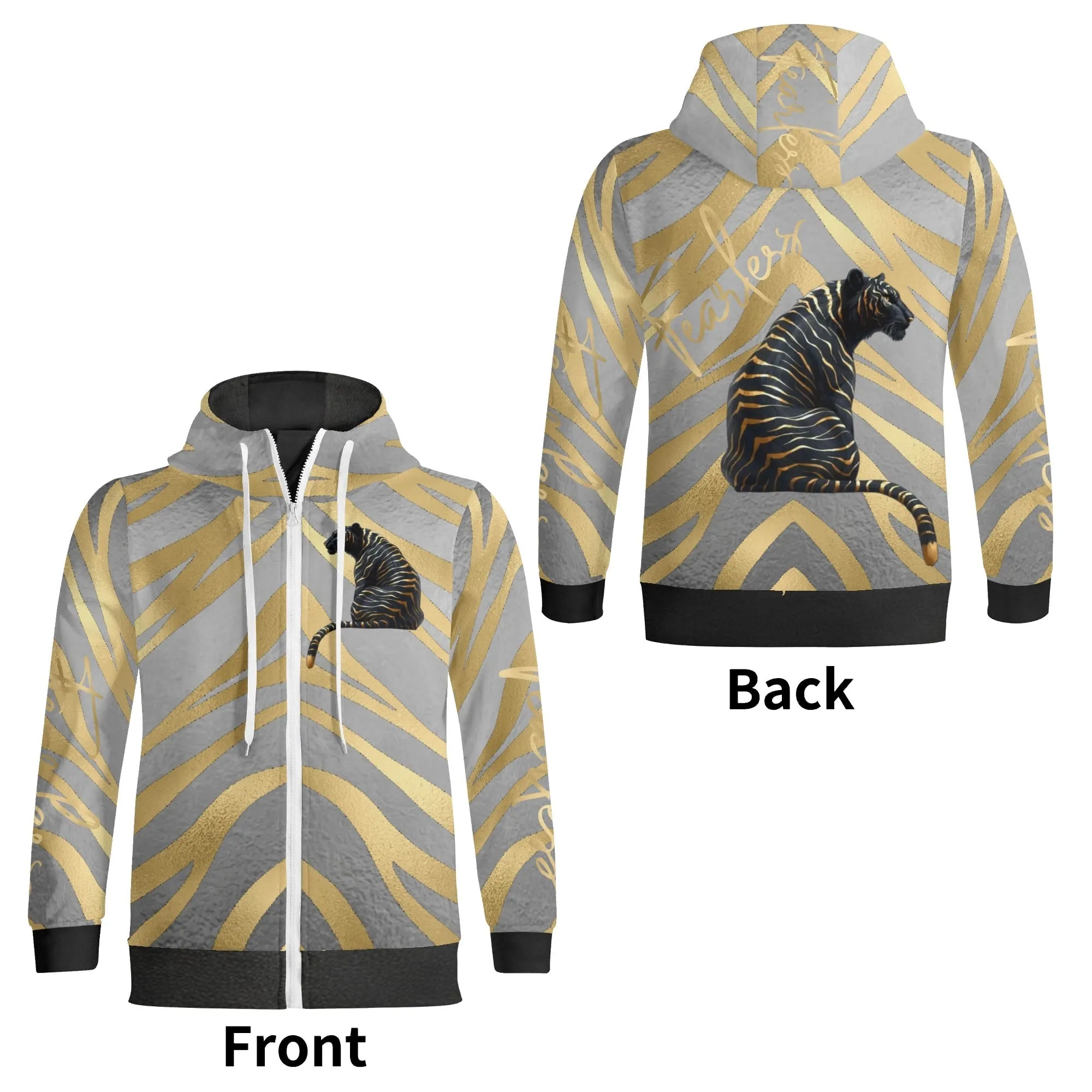 Black and Gold Tiger Graphic Gemstone Colored Fearless Graphic Full Zip Turtleneck Hoodie Streetwear