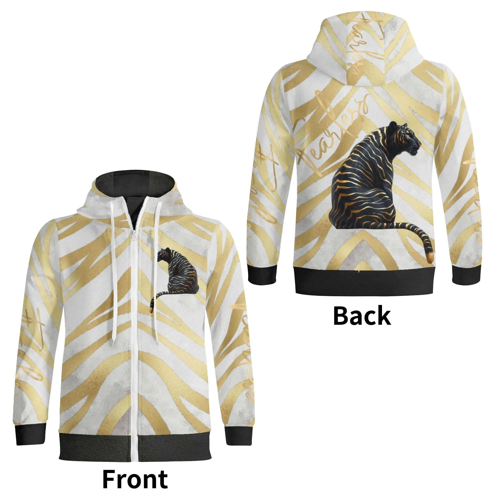 Black and Gold Tiger Graphic Gemstone Colored Fearless Graphic Full Zip Turtleneck Hoodie Streetwear