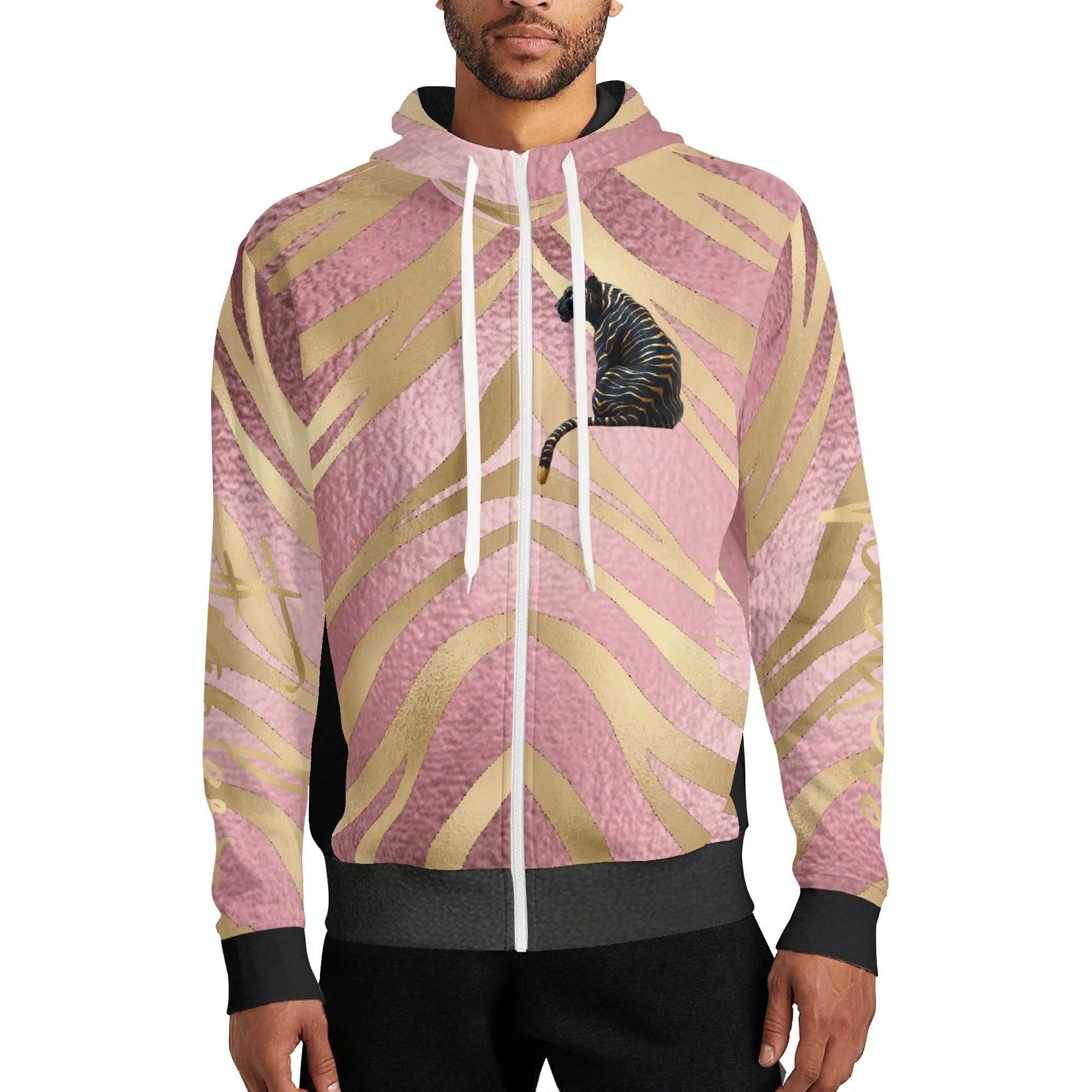 Black and Gold Tiger Graphic Gemstone Colored Fearless Graphic Full Zip Turtleneck Hoodie Streetwear