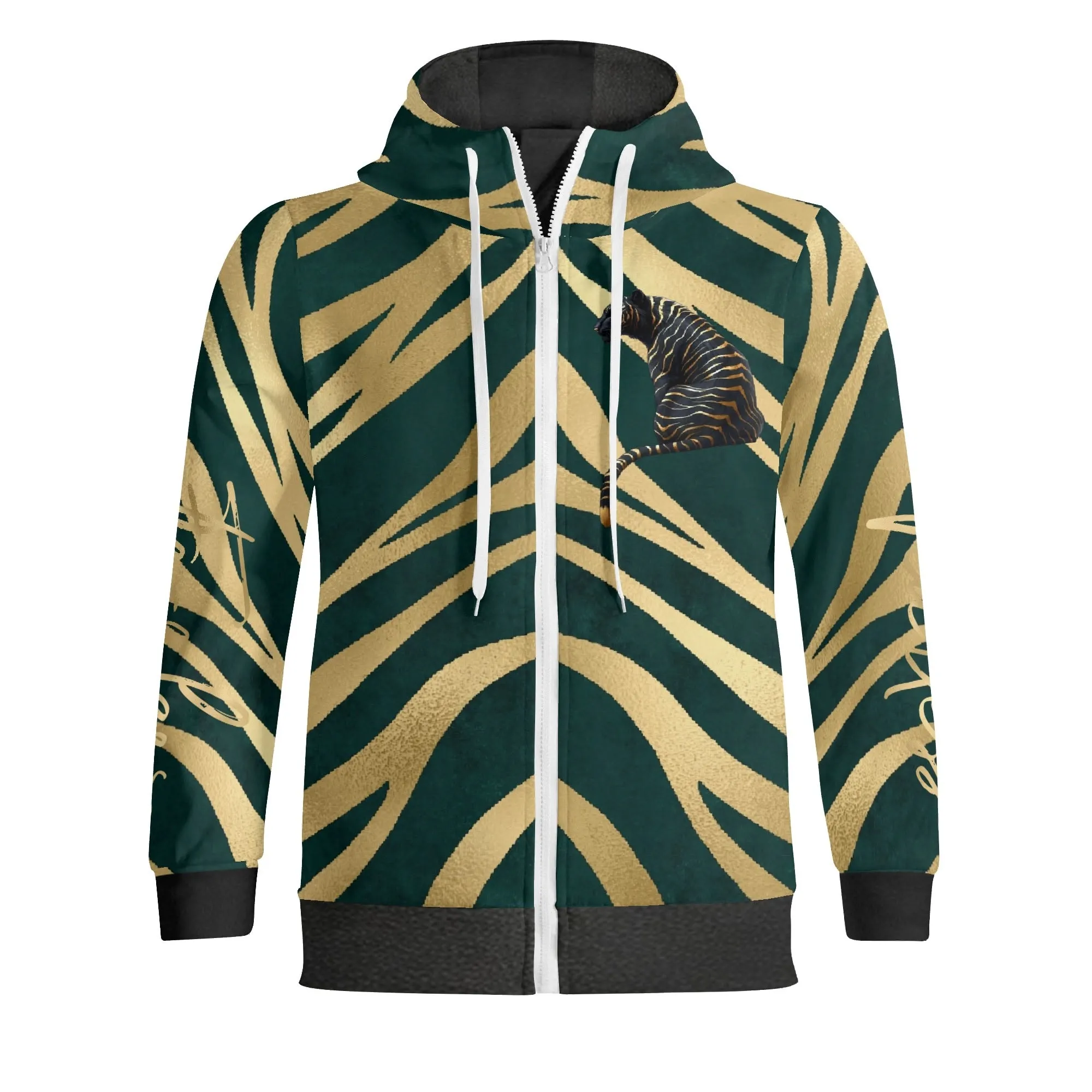 Black and Gold Tiger Graphic Gemstone Colored Fearless Graphic Full Zip Turtleneck Hoodie Streetwear