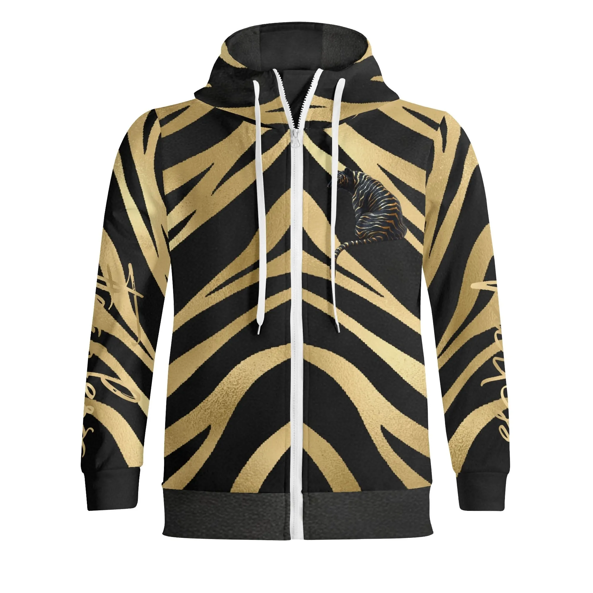 Black and Gold Tiger Graphic Gemstone Colored Fearless Graphic Full Zip Turtleneck Hoodie Streetwear