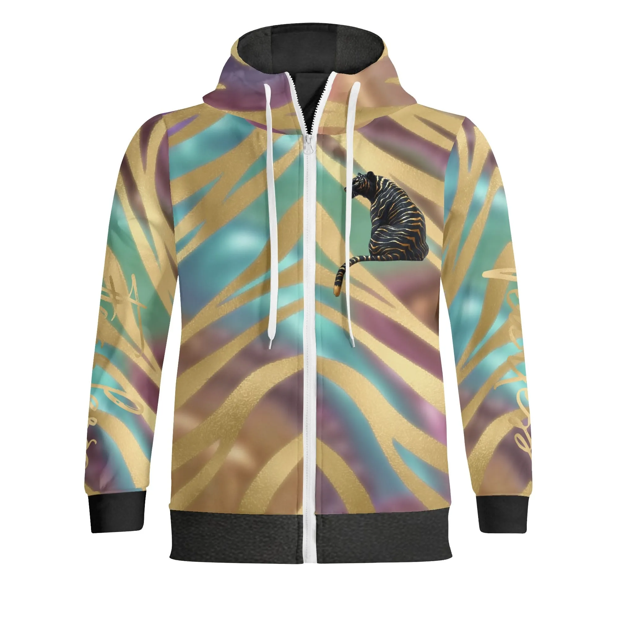 Black and Gold Tiger Graphic Gemstone Colored Fearless Graphic Full Zip Turtleneck Hoodie Streetwear