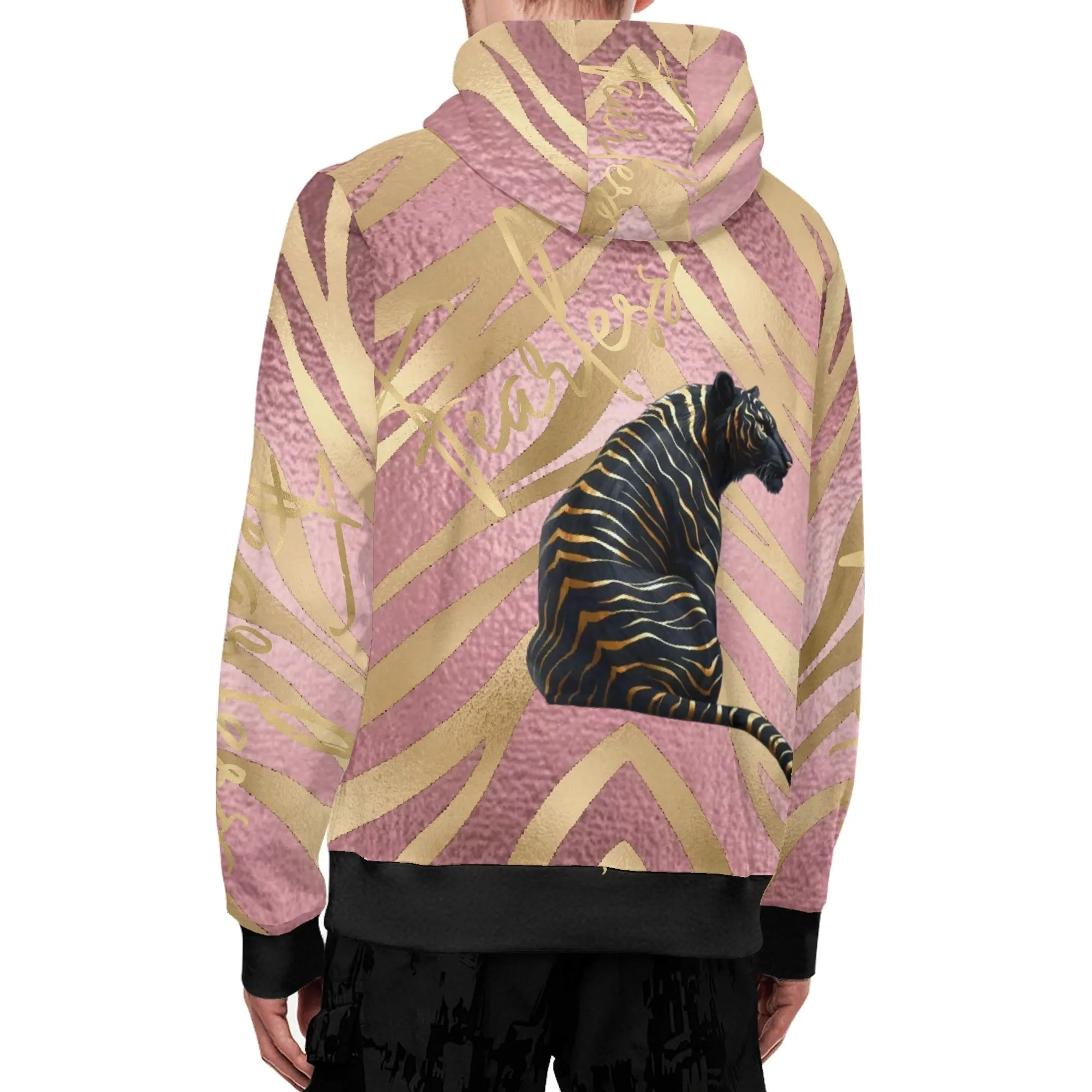 Black and Gold Tiger Graphic Gemstone Colored Fearless Graphic Full Zip Turtleneck Hoodie Streetwear