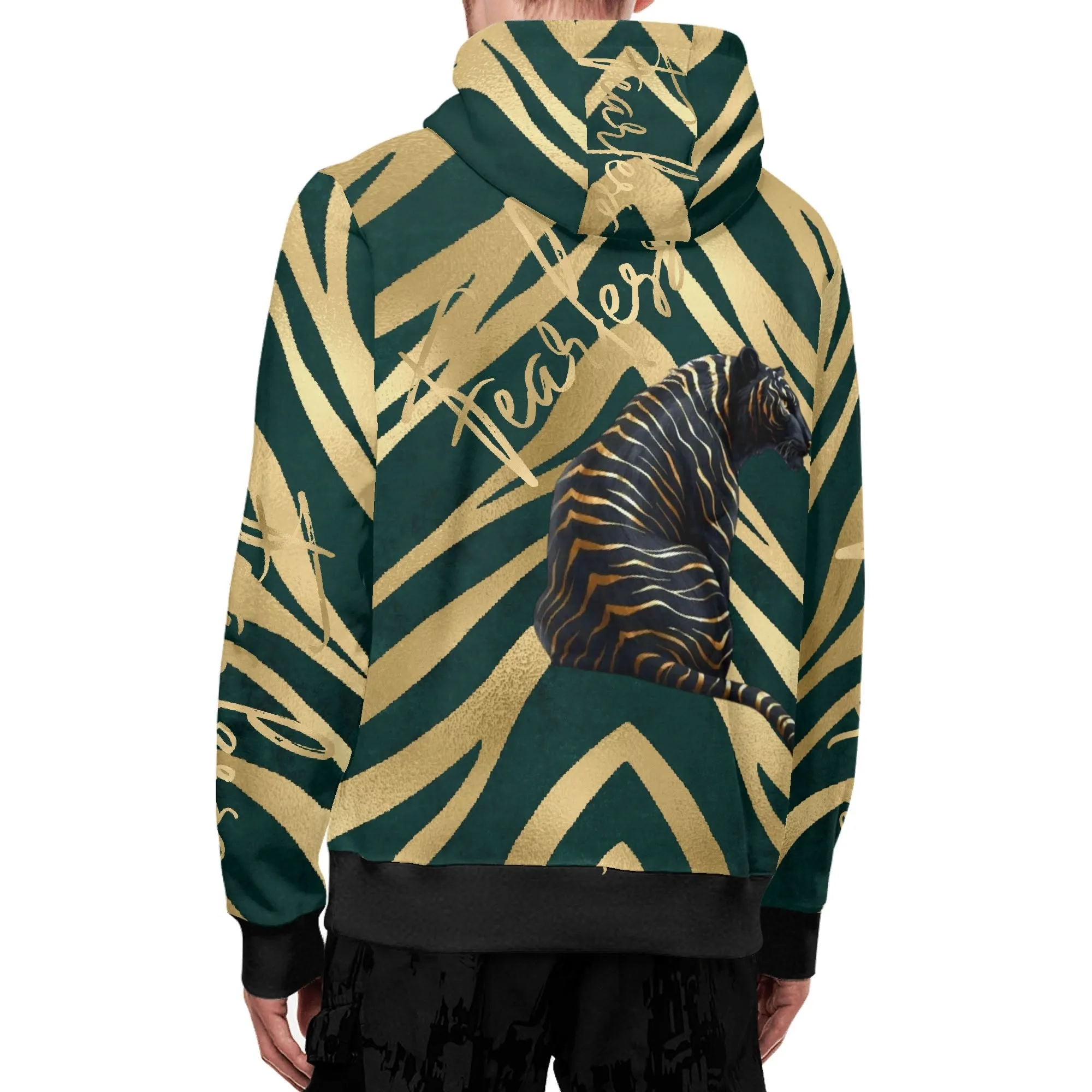 Black and Gold Tiger Graphic Gemstone Colored Fearless Graphic Full Zip Turtleneck Hoodie Streetwear