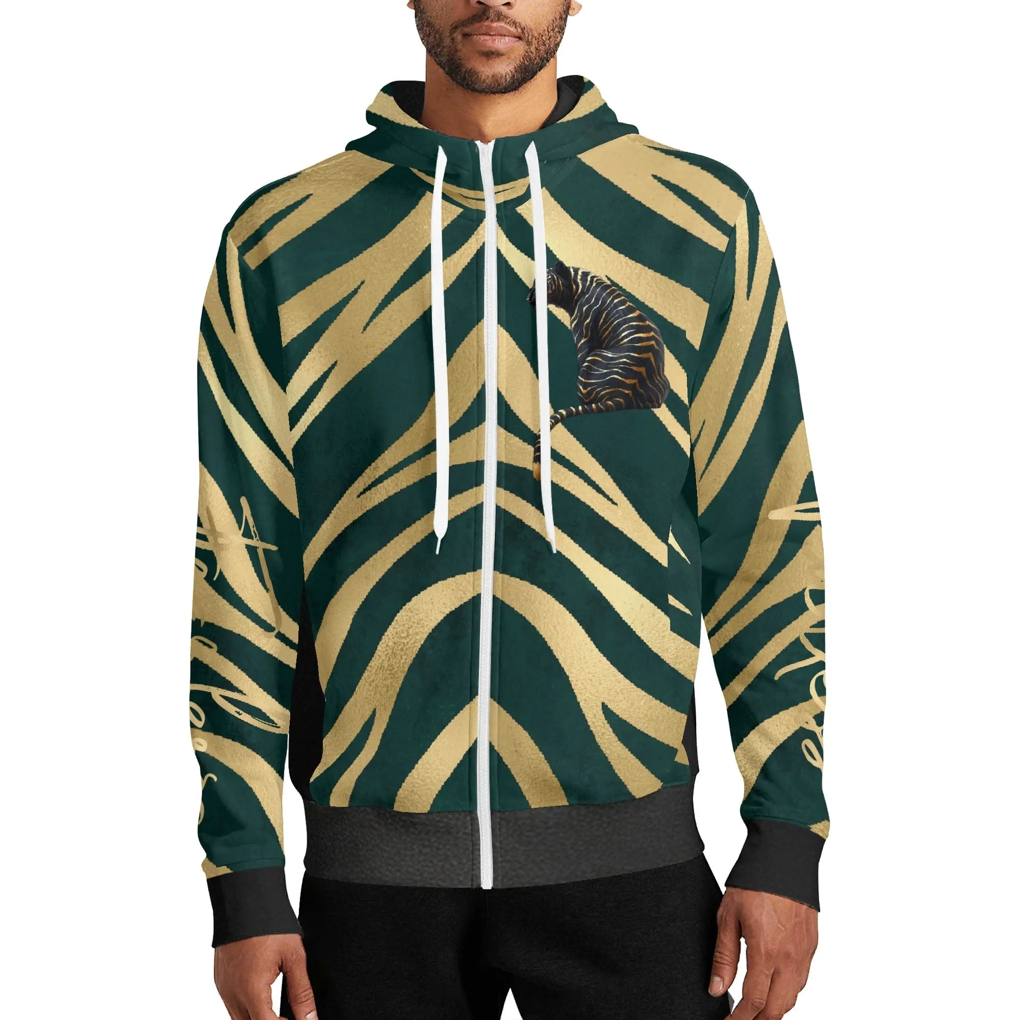 Black and Gold Tiger Graphic Gemstone Colored Fearless Graphic Full Zip Turtleneck Hoodie Streetwear