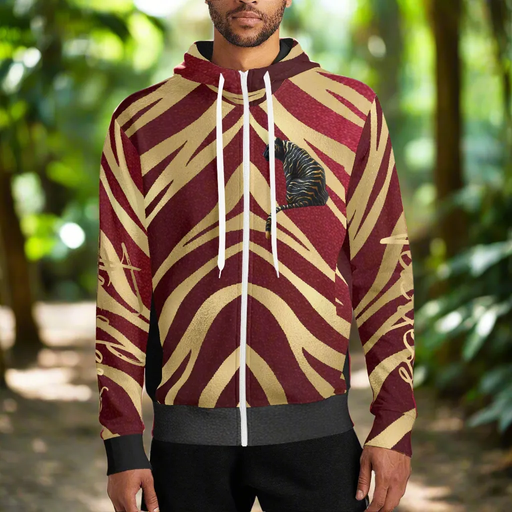 Black and Gold Tiger Graphic Gemstone Colored Fearless Graphic Full Zip Turtleneck Hoodie Streetwear