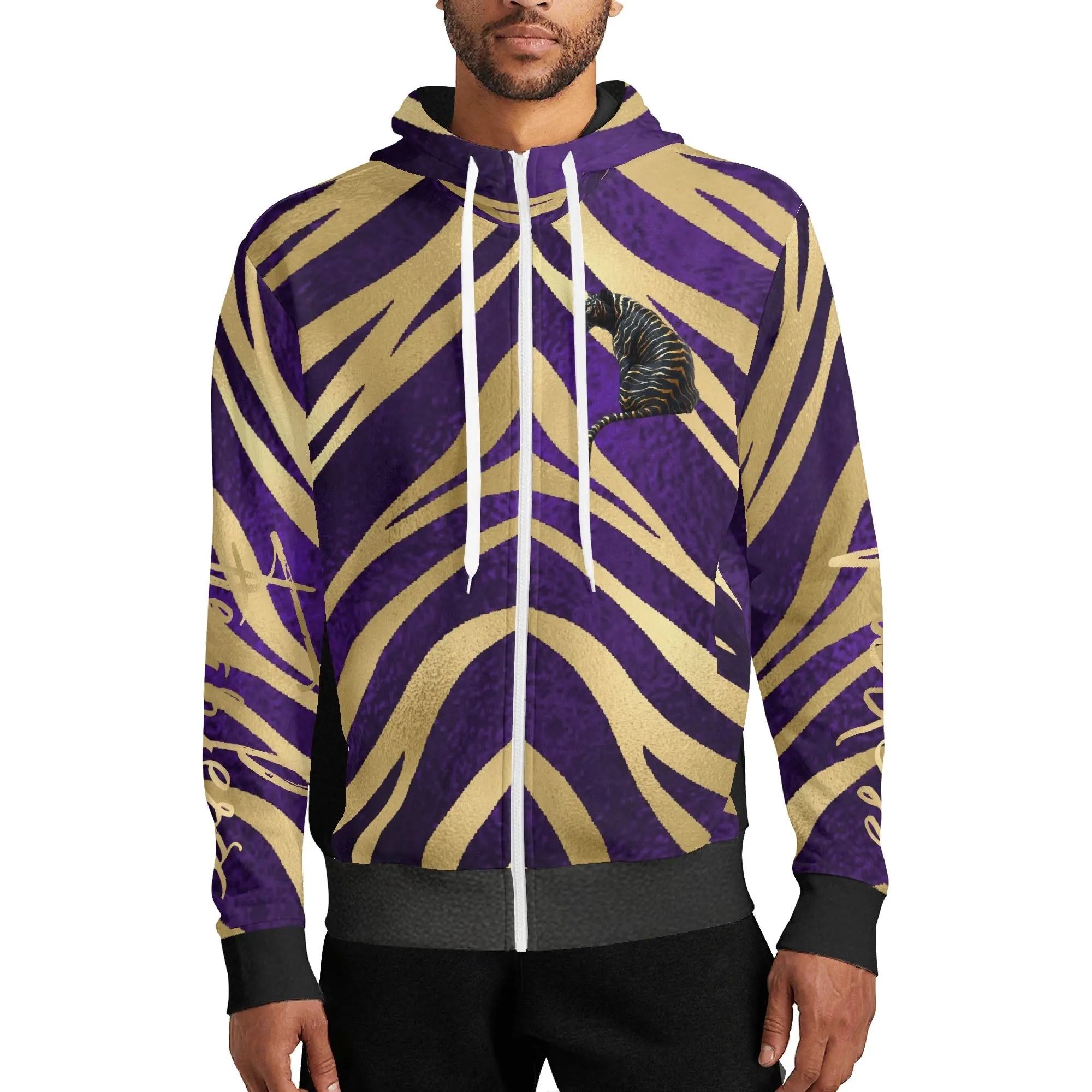 Black and Gold Tiger Graphic Gemstone Colored Fearless Graphic Full Zip Turtleneck Hoodie Streetwear