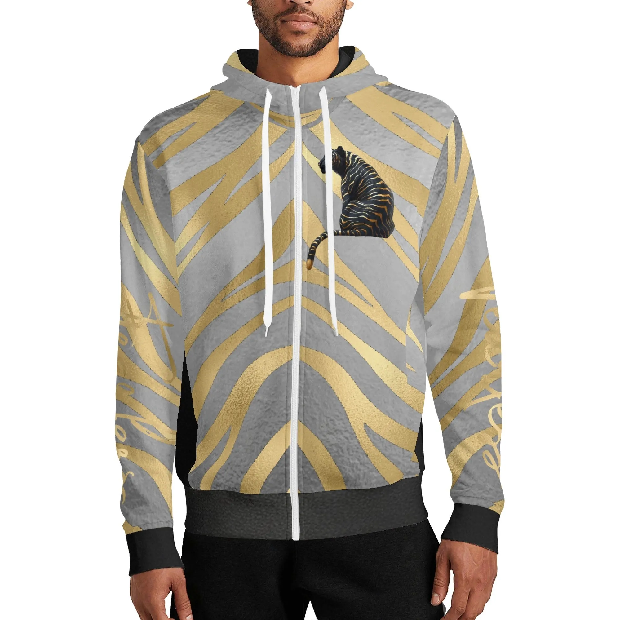 Black and Gold Tiger Graphic Gemstone Colored Fearless Graphic Full Zip Turtleneck Hoodie Streetwear