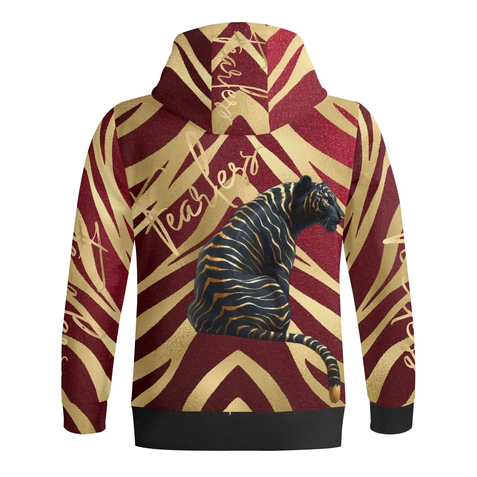 Black and Gold Tiger Graphic Gemstone Colored Fearless Graphic Full Zip Turtleneck Hoodie Streetwear