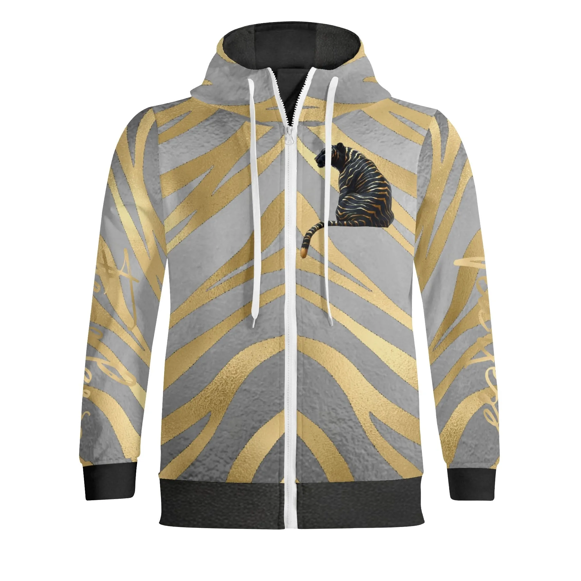 Black and Gold Tiger Graphic Gemstone Colored Fearless Graphic Full Zip Turtleneck Hoodie Streetwear