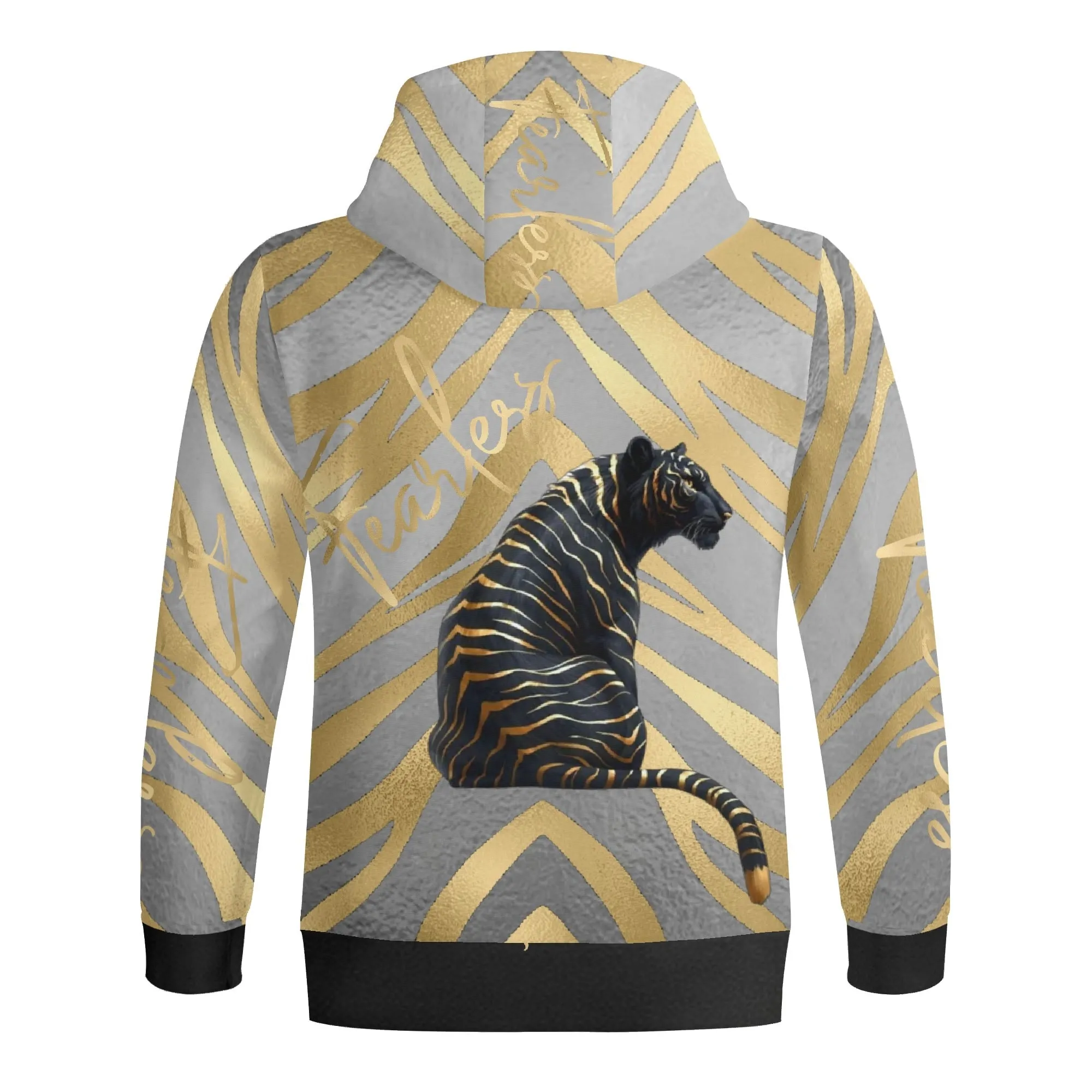 Black and Gold Tiger Graphic Gemstone Colored Fearless Graphic Full Zip Turtleneck Hoodie Streetwear