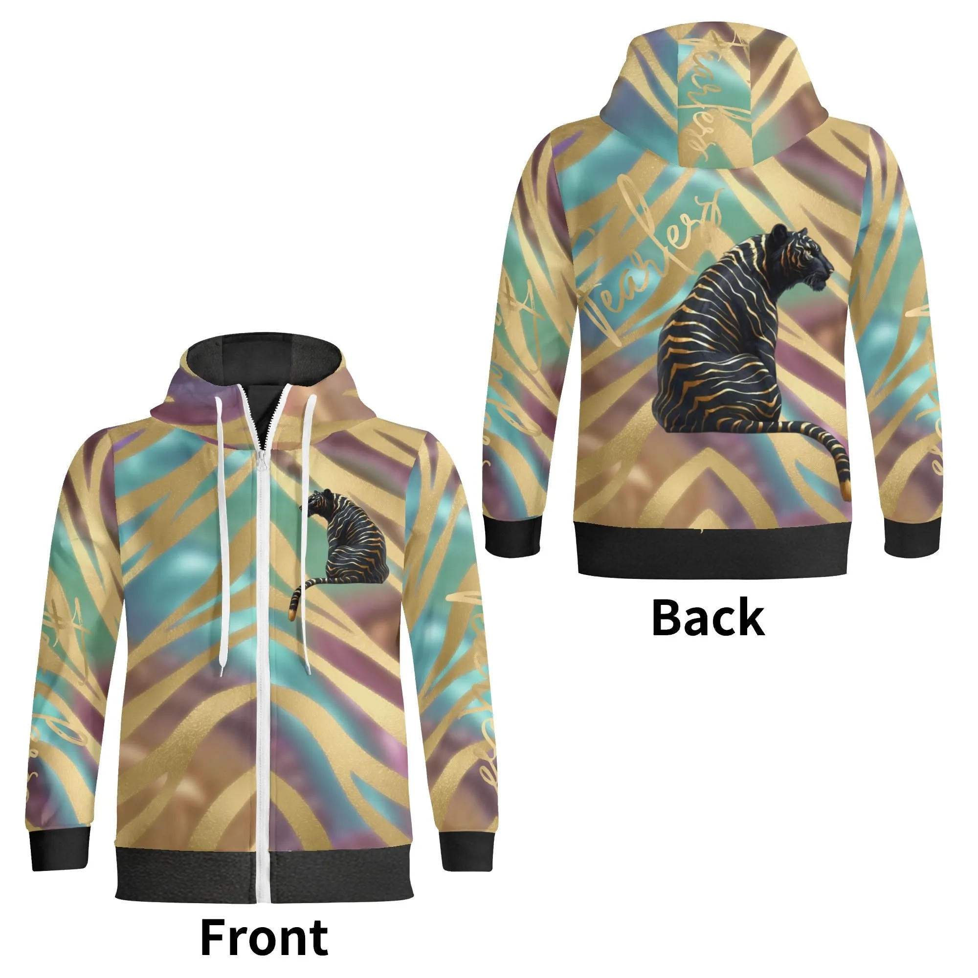Black and Gold Tiger Graphic Gemstone Colored Fearless Graphic Full Zip Turtleneck Hoodie Streetwear