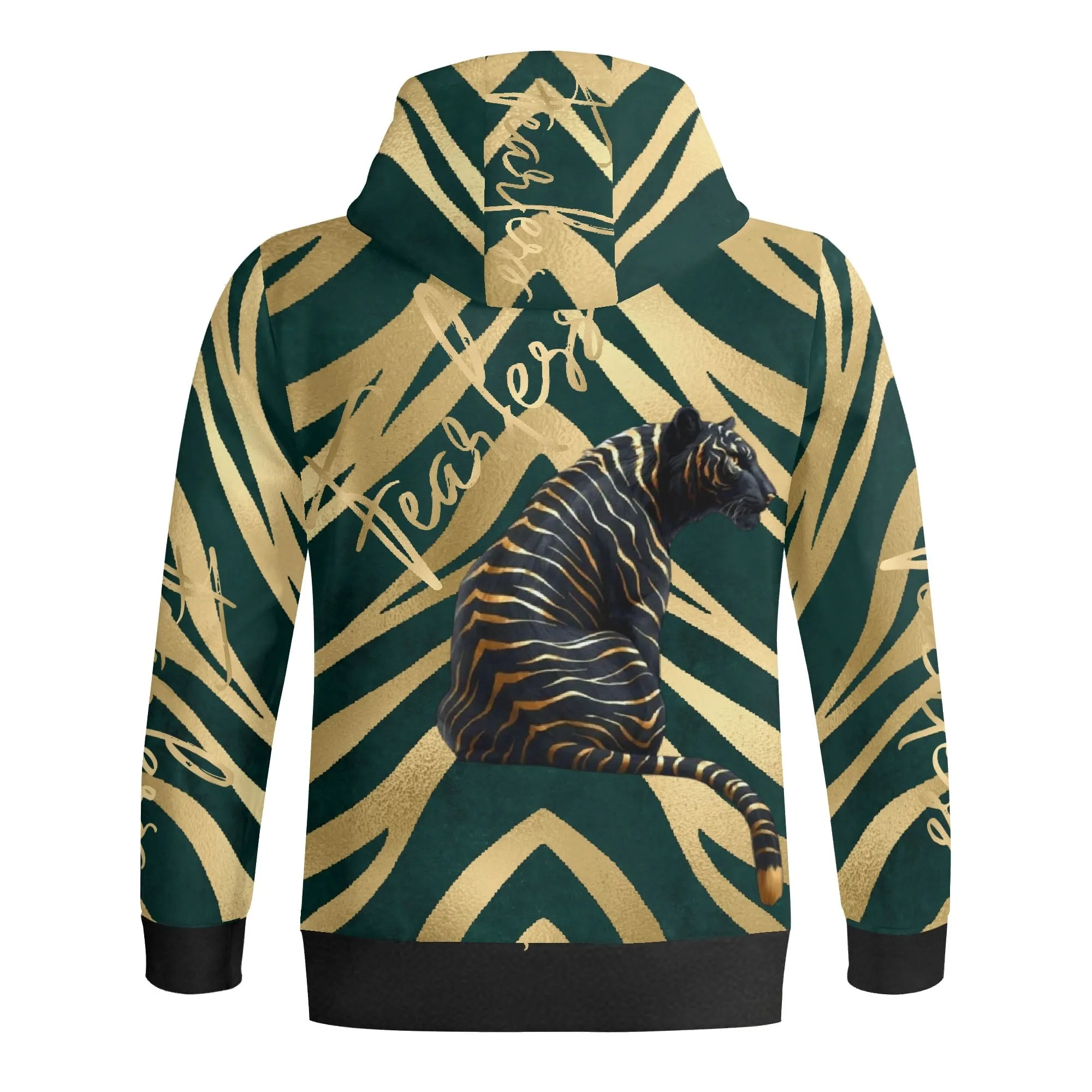 Black and Gold Tiger Graphic Gemstone Colored Fearless Graphic Full Zip Turtleneck Hoodie Streetwear