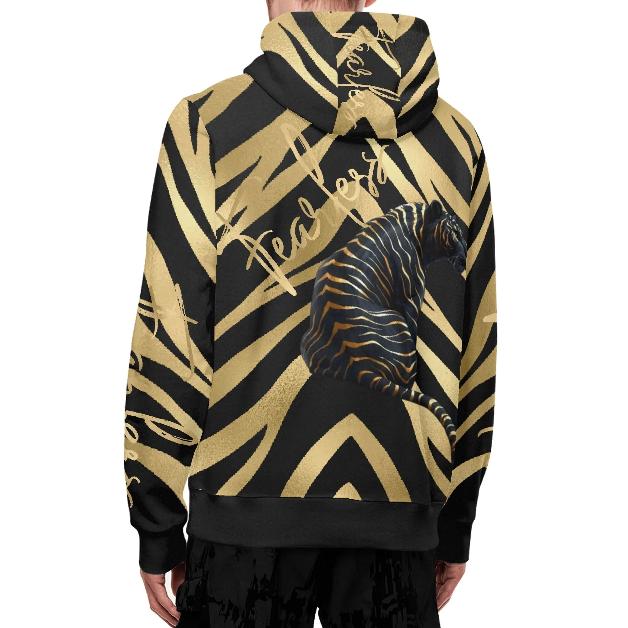 Black and Gold Tiger Graphic Gemstone Colored Fearless Graphic Full Zip Turtleneck Hoodie Streetwear