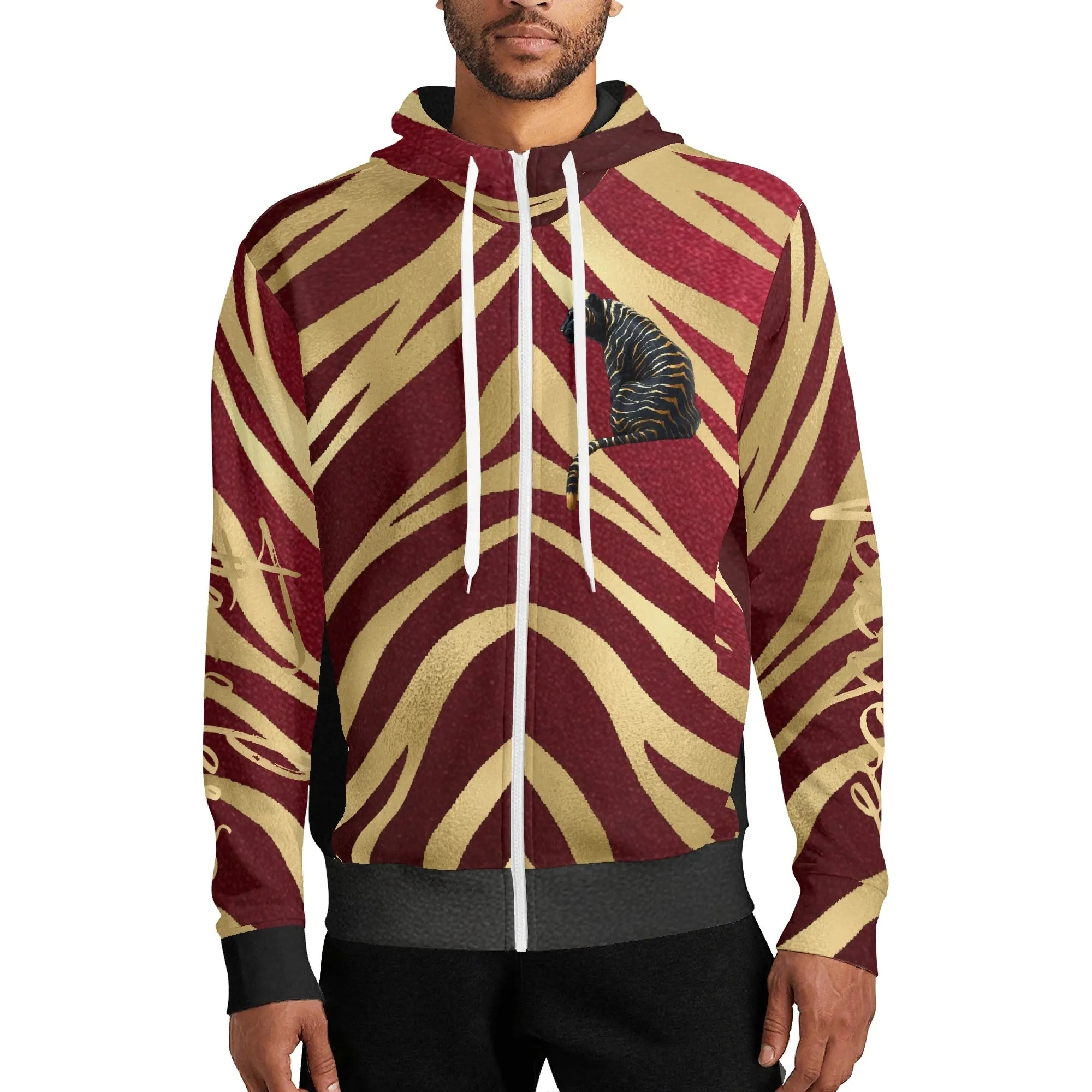 Black and Gold Tiger Graphic Gemstone Colored Fearless Graphic Full Zip Turtleneck Hoodie Streetwear