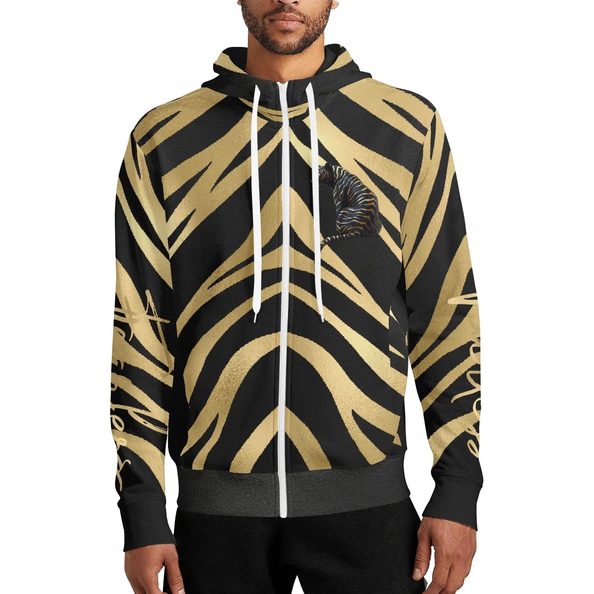 Black and Gold Tiger Graphic Gemstone Colored Fearless Graphic Full Zip Turtleneck Hoodie Streetwear