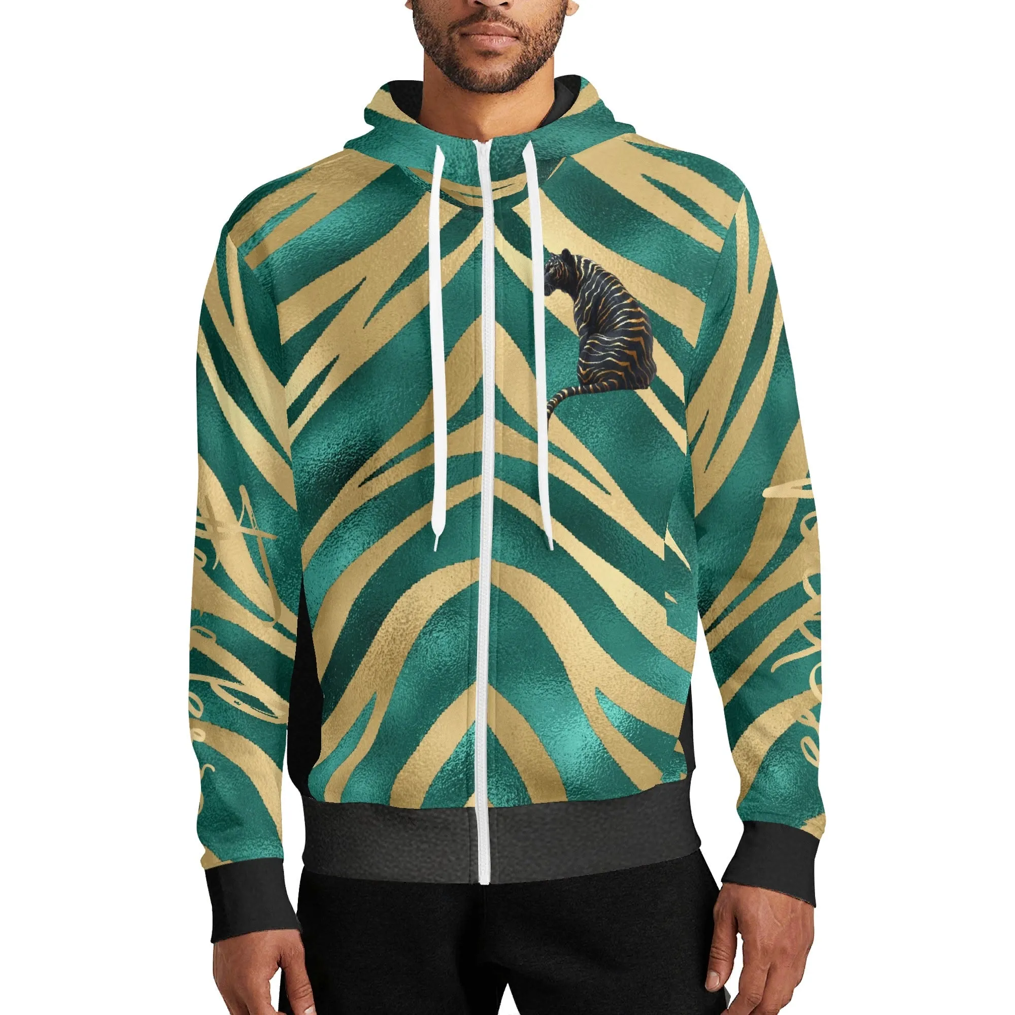 Black and Gold Tiger Graphic Gemstone Colored Fearless Graphic Full Zip Turtleneck Hoodie Streetwear