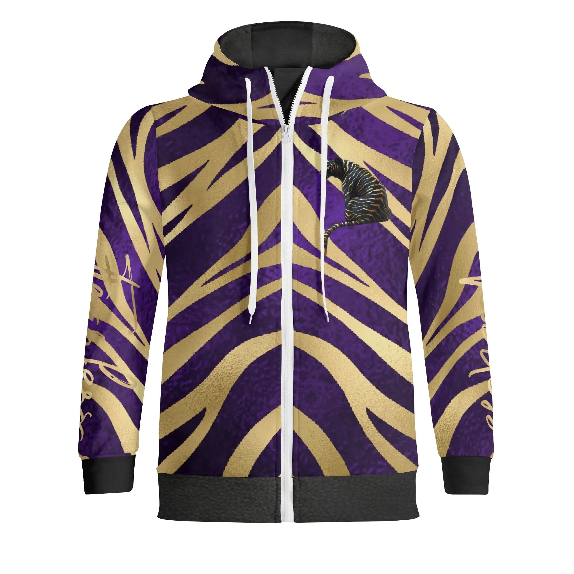 Black and Gold Tiger Graphic Gemstone Colored Fearless Graphic Full Zip Turtleneck Hoodie Streetwear