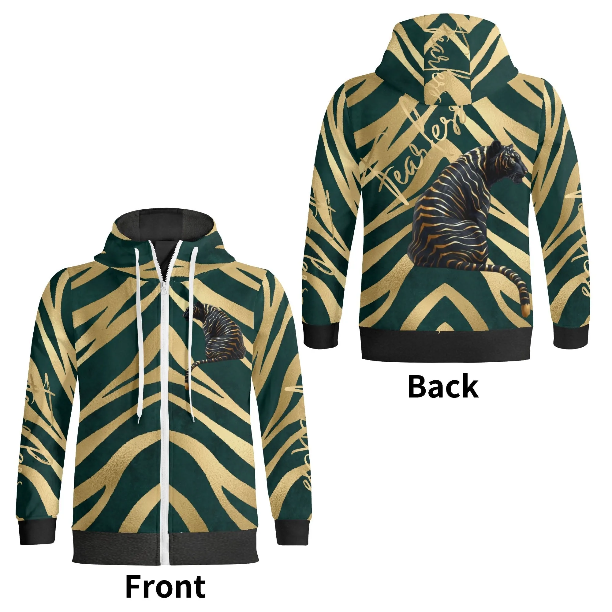 Black and Gold Tiger Graphic Gemstone Colored Fearless Graphic Full Zip Turtleneck Hoodie Streetwear