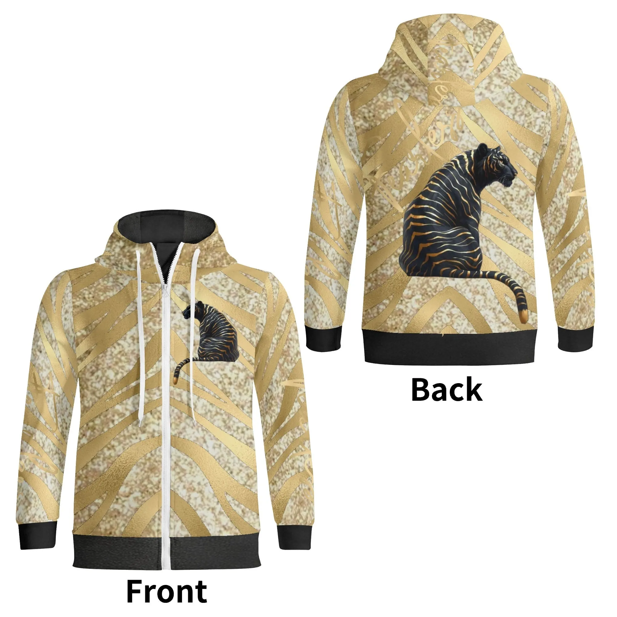 Black and Gold Tiger Graphic Gemstone Colored Fearless Graphic Full Zip Turtleneck Hoodie Streetwear