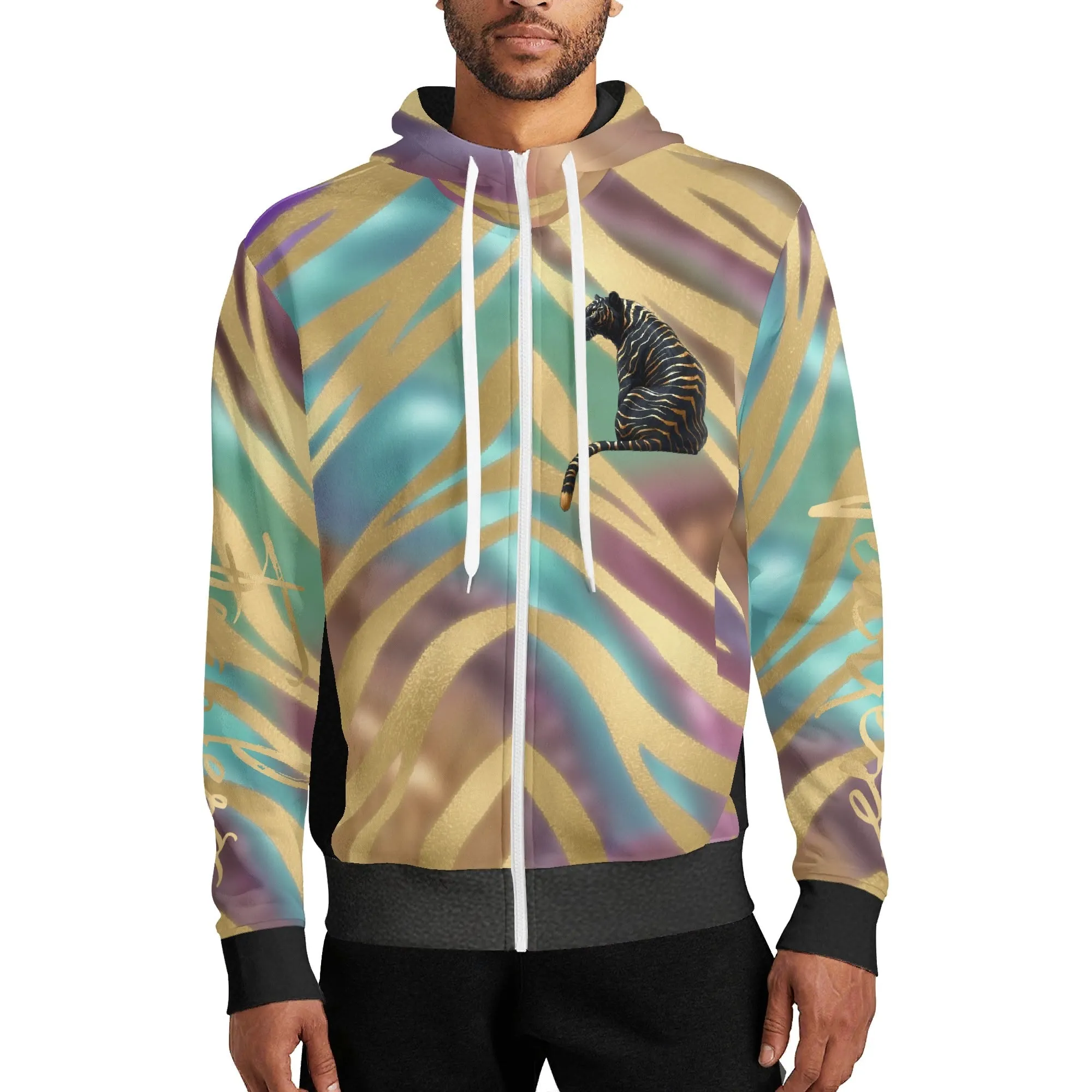 Black and Gold Tiger Graphic Gemstone Colored Fearless Graphic Full Zip Turtleneck Hoodie Streetwear