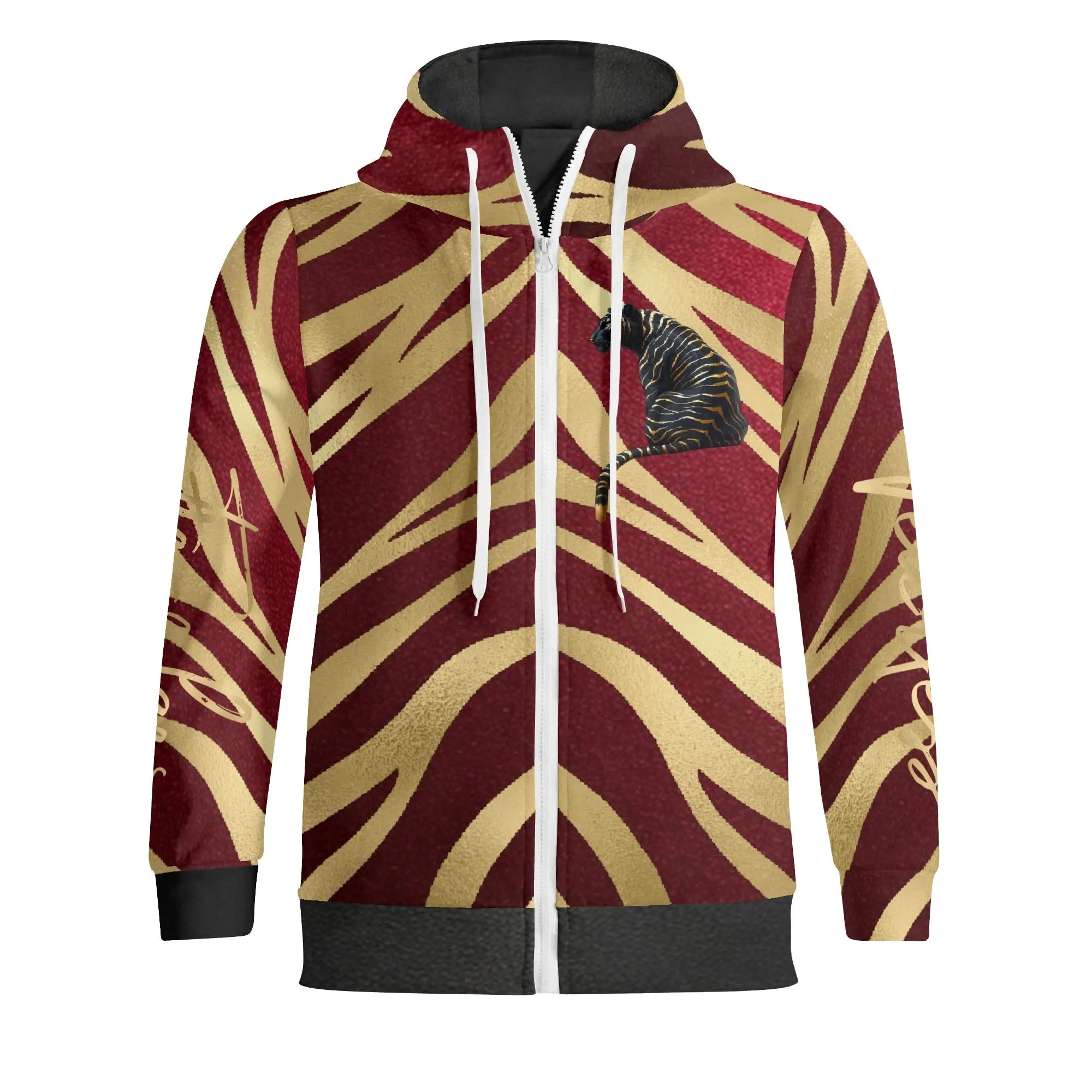 Black and Gold Tiger Graphic Gemstone Colored Fearless Graphic Full Zip Turtleneck Hoodie Streetwear