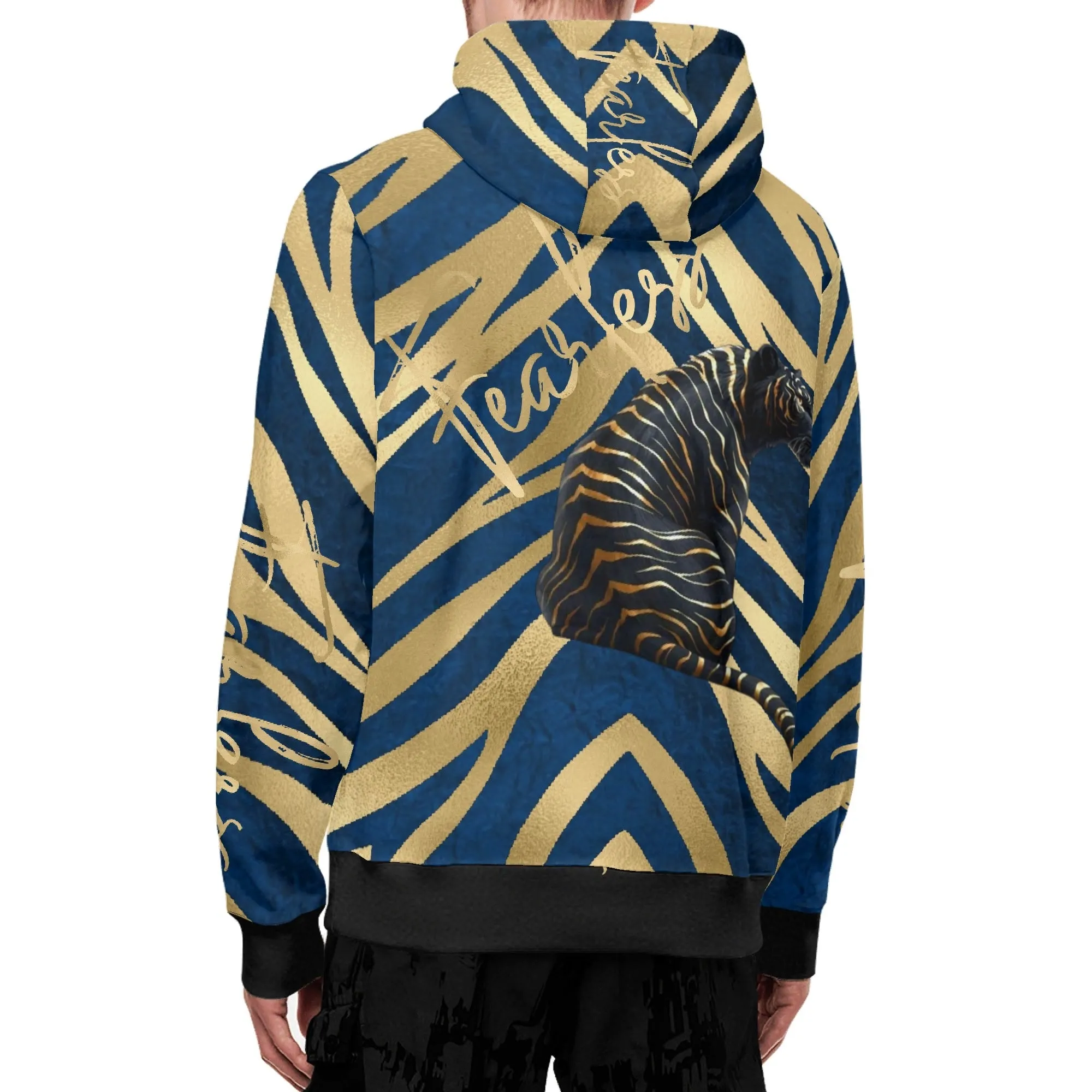 Black and Gold Tiger Graphic Gemstone Colored Fearless Graphic Full Zip Turtleneck Hoodie Streetwear