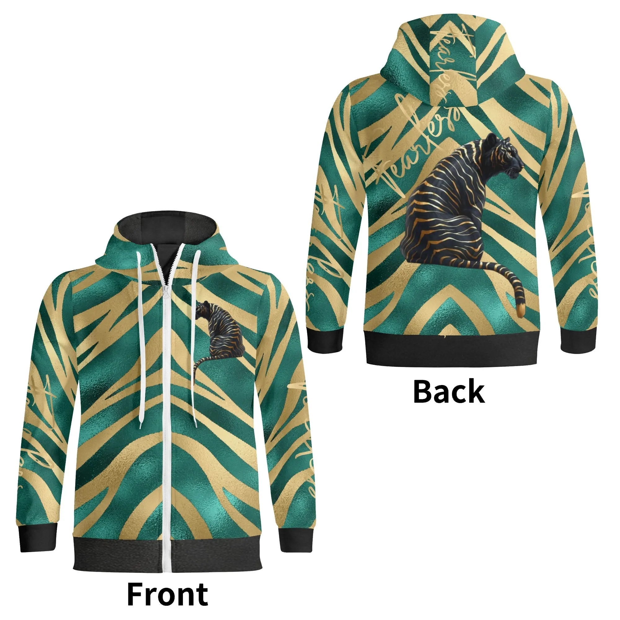 Black and Gold Tiger Graphic Gemstone Colored Fearless Graphic Full Zip Turtleneck Hoodie Streetwear