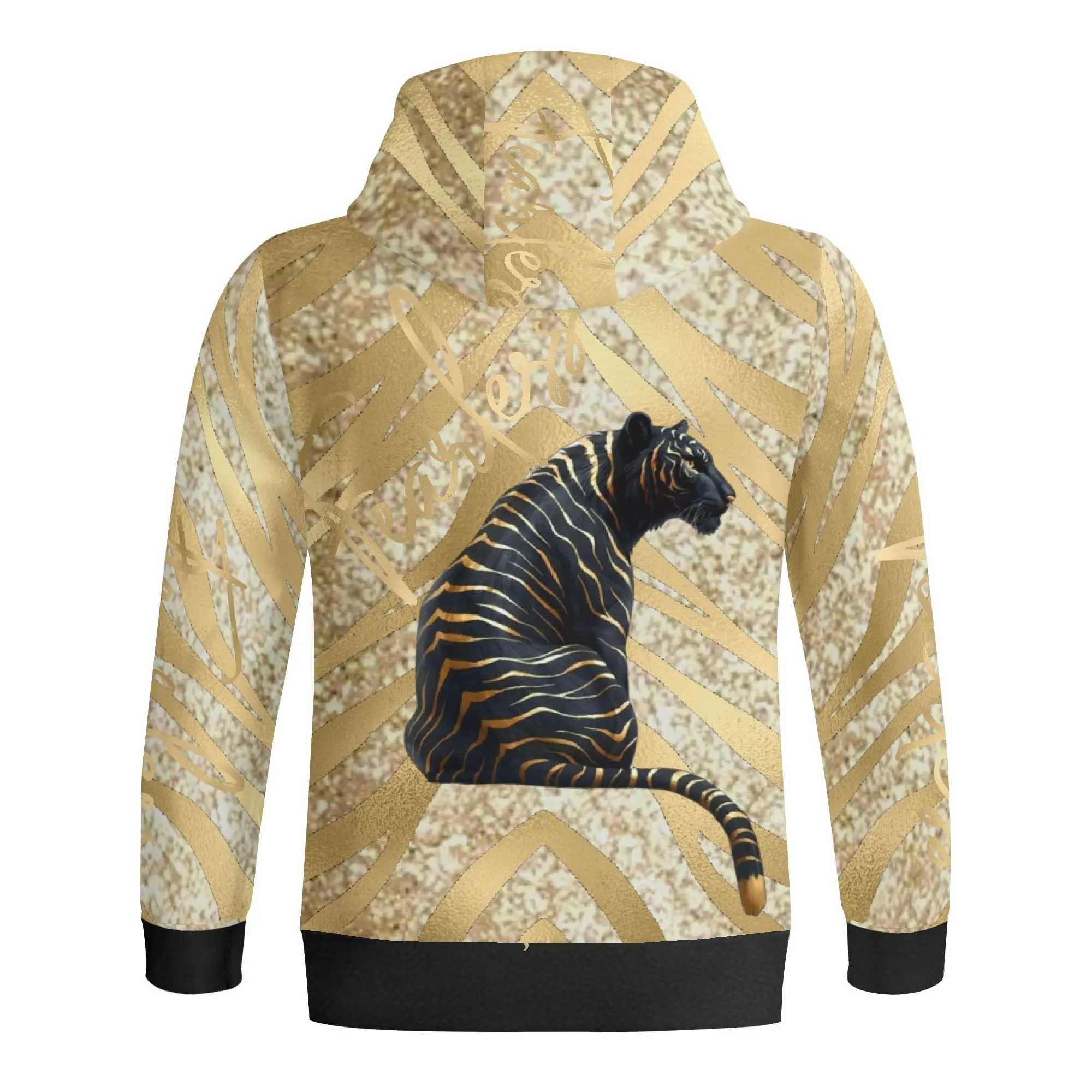 Black and Gold Tiger Graphic Gemstone Colored Fearless Graphic Full Zip Turtleneck Hoodie Streetwear