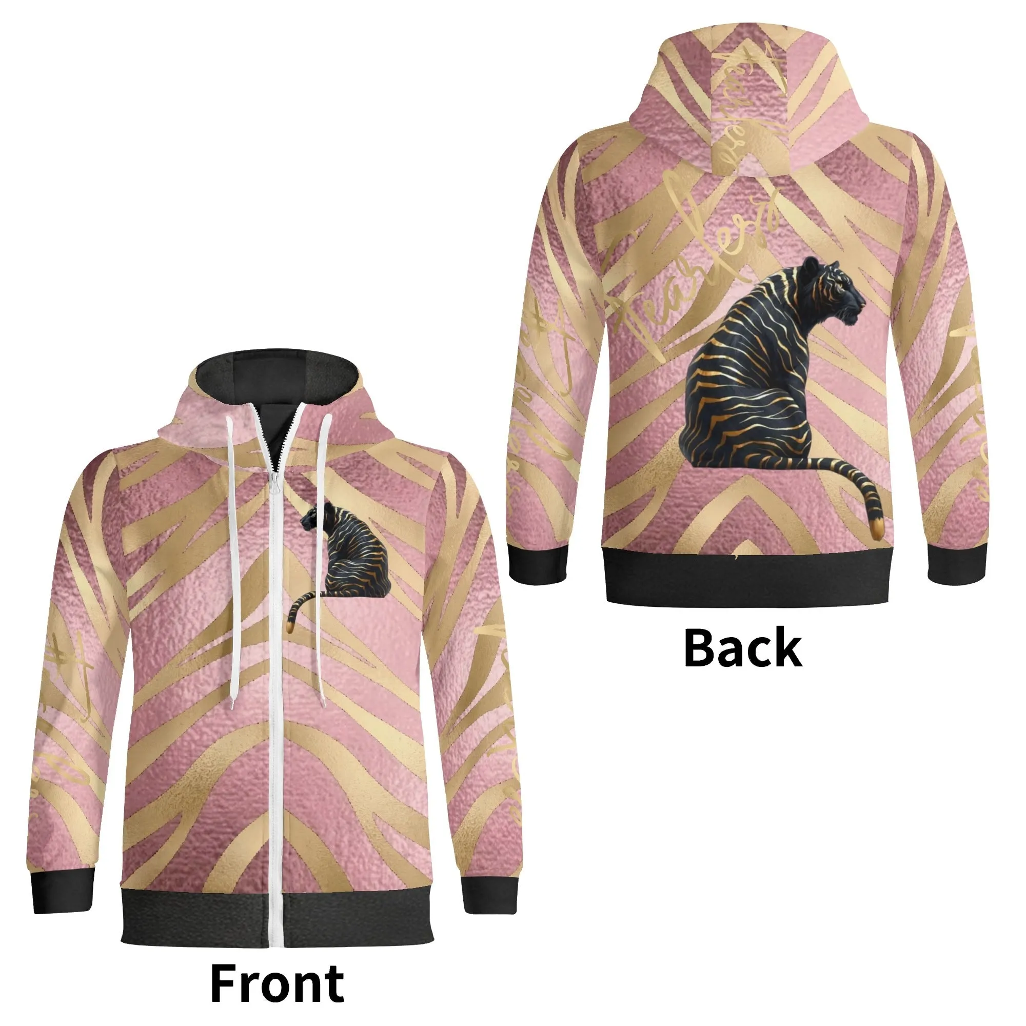 Black and Gold Tiger Graphic Gemstone Colored Fearless Graphic Full Zip Turtleneck Hoodie Streetwear