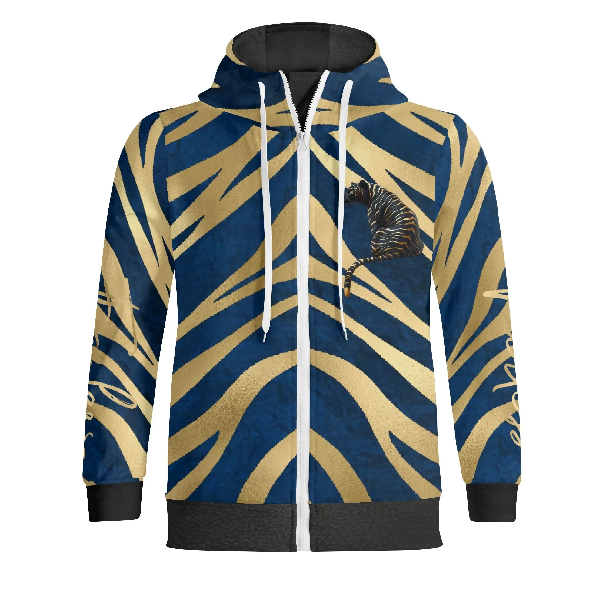 Black and Gold Tiger Graphic Gemstone Colored Fearless Graphic Full Zip Turtleneck Hoodie Streetwear