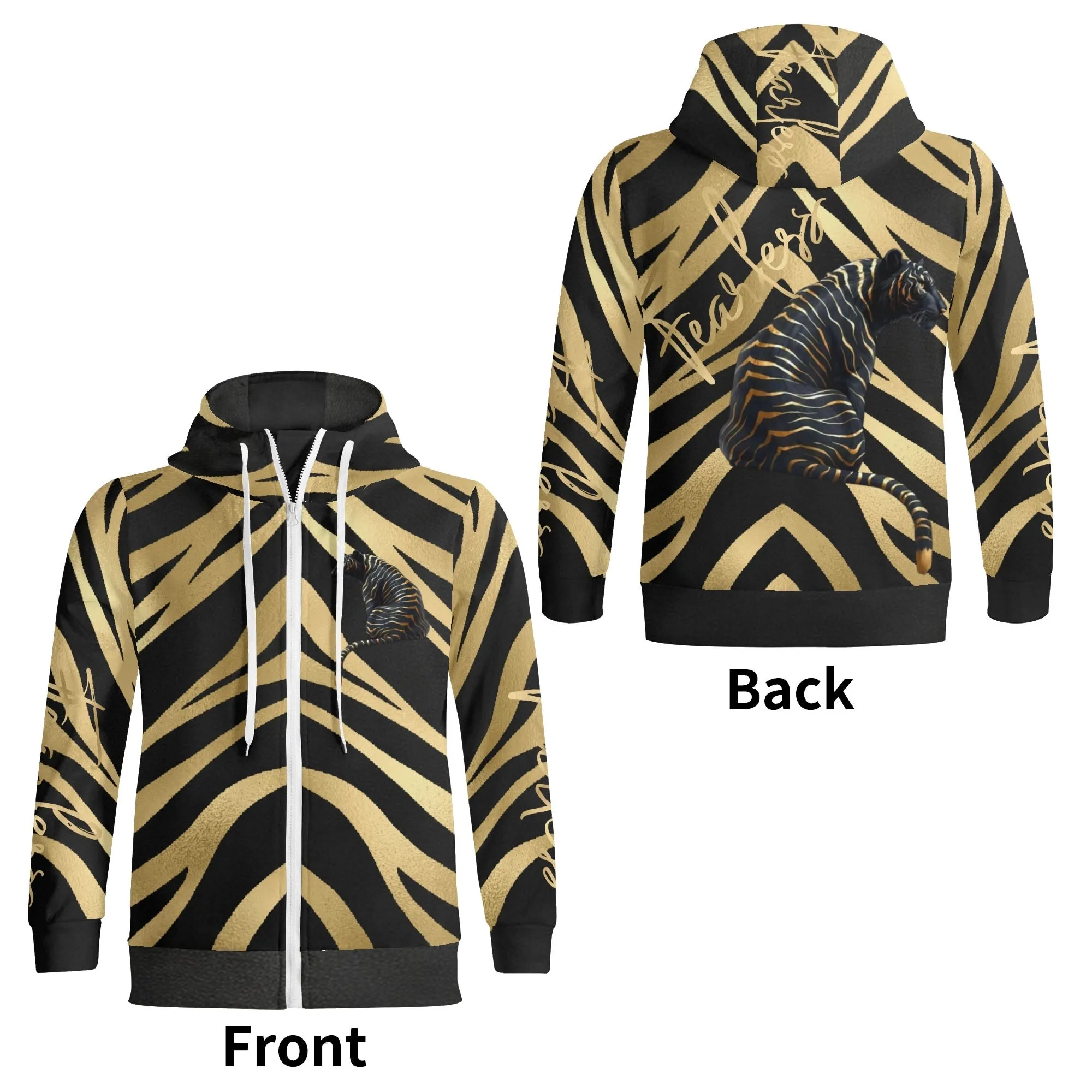 Black and Gold Tiger Graphic Gemstone Colored Fearless Graphic Full Zip Turtleneck Hoodie Streetwear